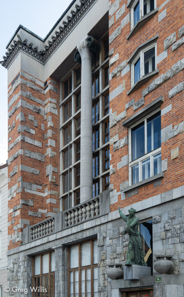 Slovene National and University Library, with Moses, a statue by Lojze Dolinar.