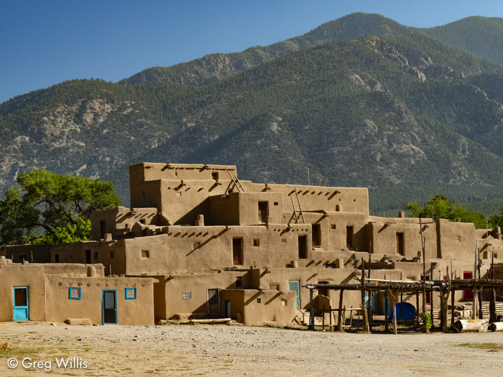 North Side Structure, with Taos Mountains in Back - Taos Pueblo