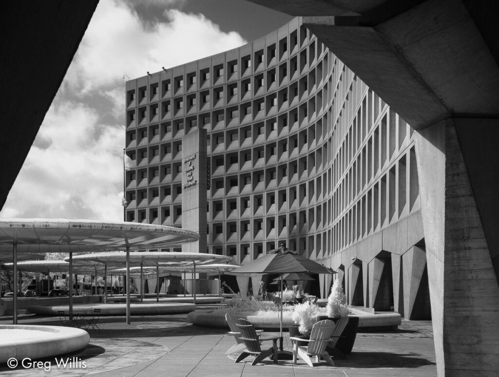The Robert C. Weaver Federal Building (formerly HUD), east side and plaza.