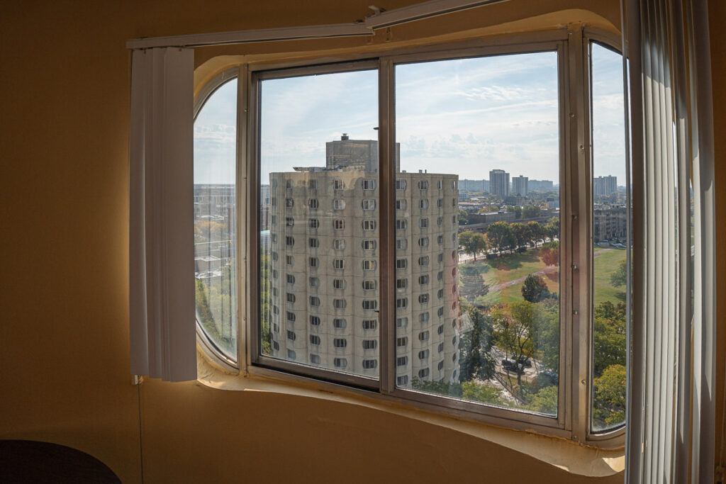 View of the east tower from inside the west tower.