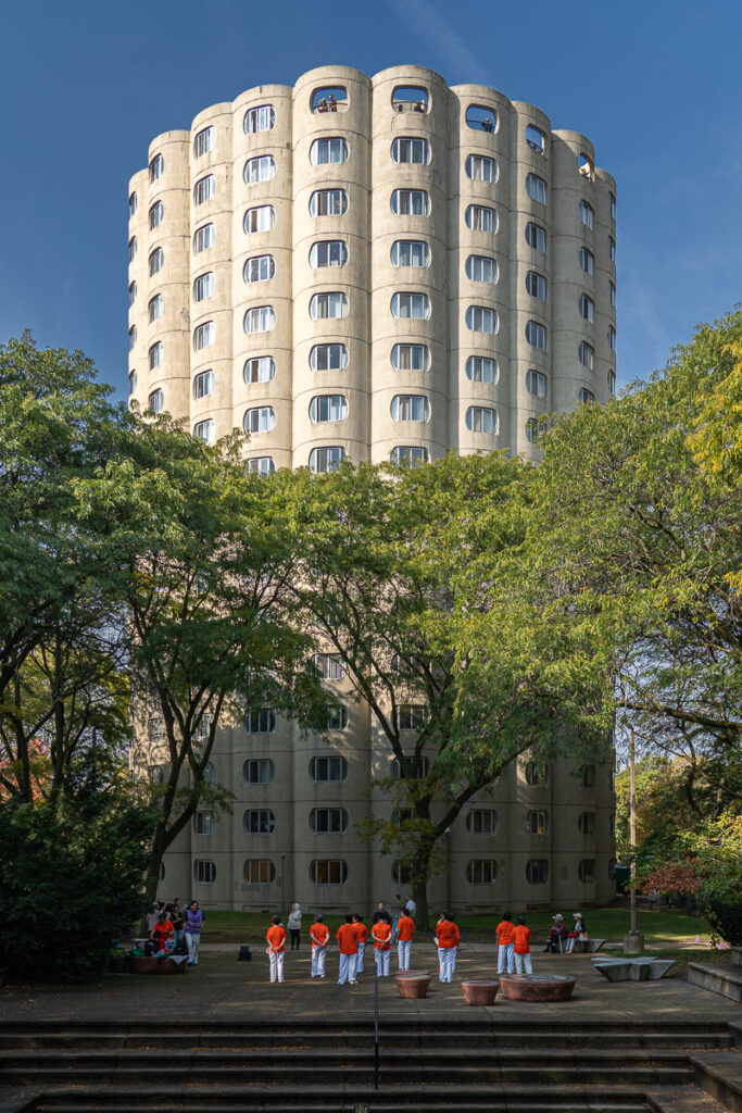 A morning serenade outside, with the west tower.