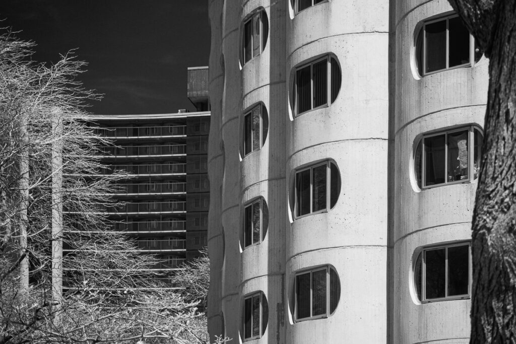 Detail of the west tower, with the west residential block in back.
