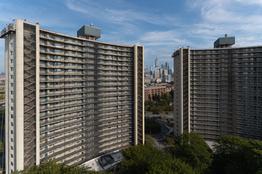 The residential blocks from atop west tower.