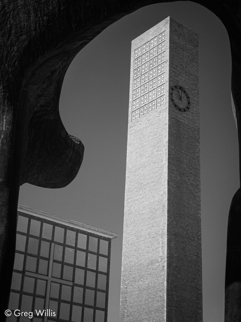 First Christian Church through the Large Arch sculpture by Henry Moore