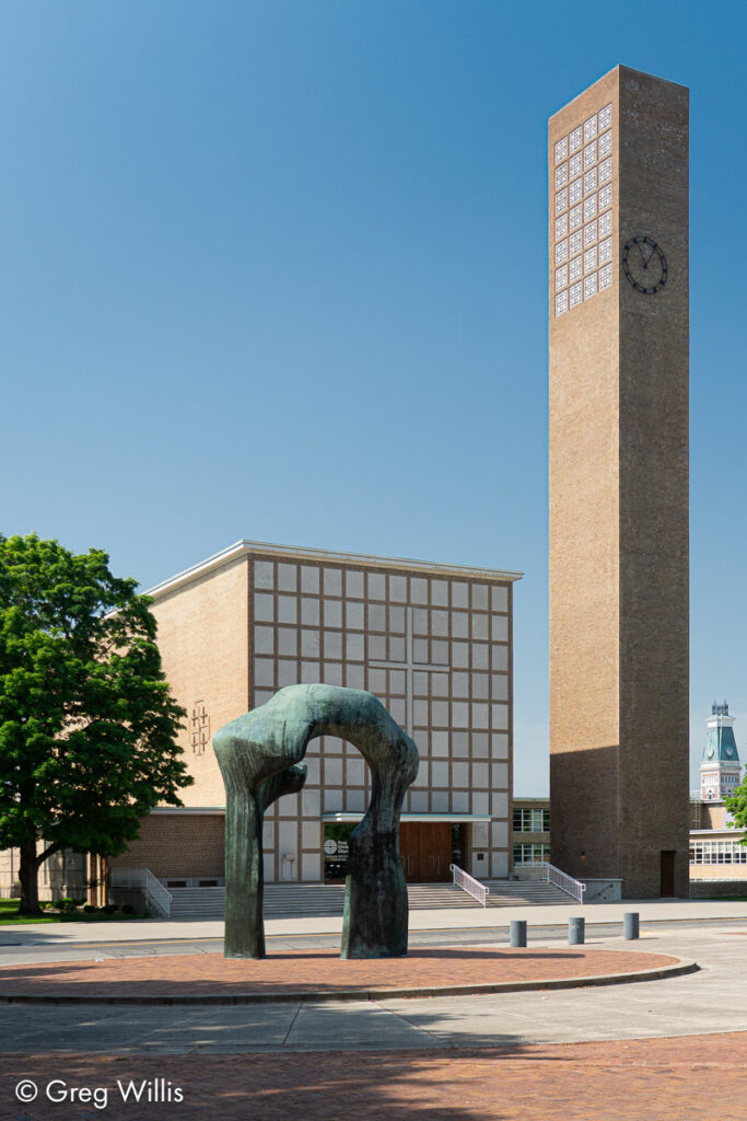 First Christian Church, with Large Arch sculpture by Henry Moore